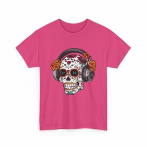 Sugar Skull with Headpones - La Sacra Musica - Dia Dos Muertos Mardi Gras Halloween Decorated Skeleton Unisex Heavy Cotton Tee