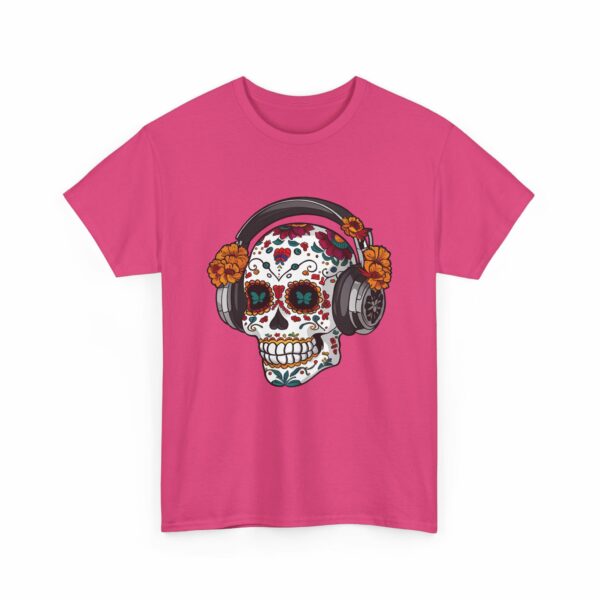 Sugar Skull with Headpones - La Sacra Musica - Dia Dos Muertos Mardi Gras Halloween Decorated Skeleton Unisex Heavy Cotton Tee
