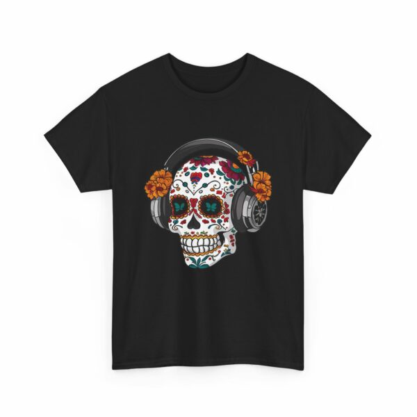 Sugar Skull with Headpones - La Sacra Musica - Dia Dos Muertos Mardi Gras Halloween Decorated Skeleton Unisex Heavy Cotton Tee - Image 7