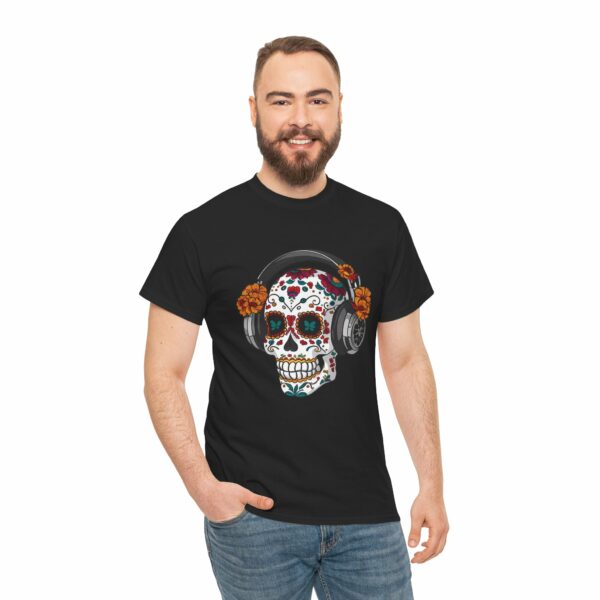 Sugar Skull with Headpones - La Sacra Musica - Dia Dos Muertos Mardi Gras Halloween Decorated Skeleton Unisex Heavy Cotton Tee - Image 9