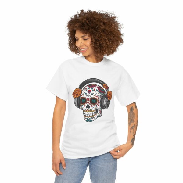 Sugar Skull with Headpones - La Sacra Musica - Dia Dos Muertos Mardi Gras Halloween Decorated Skeleton Unisex Heavy Cotton Tee - Image 5