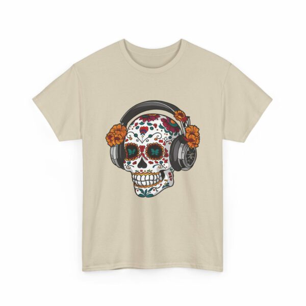 Sugar Skull with Headpones - La Sacra Musica - Dia Dos Muertos Mardi Gras Halloween Decorated Skeleton Unisex Heavy Cotton Tee - Image 10
