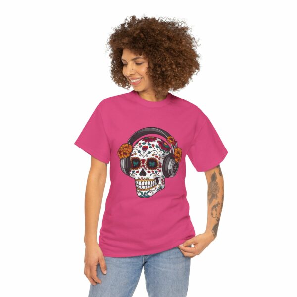 Sugar Skull with Headpones - La Sacra Musica - Dia Dos Muertos Mardi Gras Halloween Decorated Skeleton Unisex Heavy Cotton Tee - Image 2
