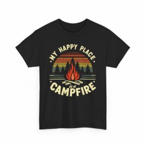 My Happy Place is a Campfire - Outdoors Hiking Camping lovers retro striped sunset vintage design Unisex Heavy Cotton Tee