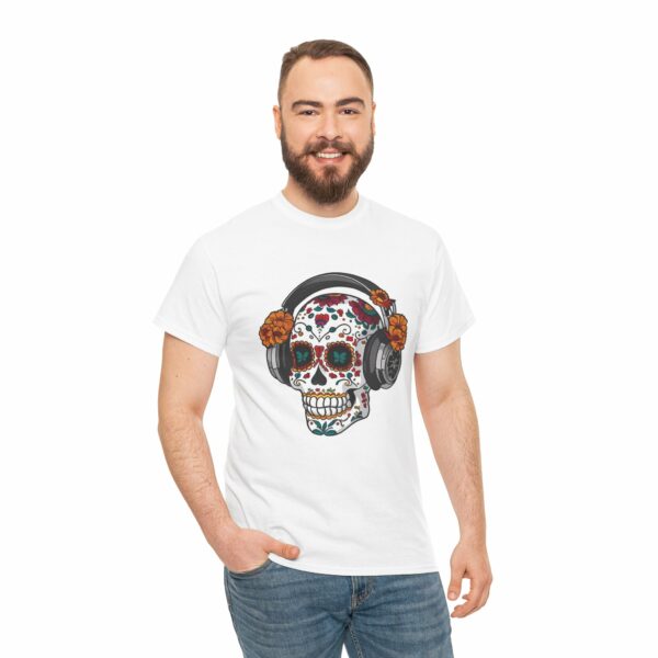 Sugar Skull with Headpones - La Sacra Musica - Dia Dos Muertos Mardi Gras Halloween Decorated Skeleton Unisex Heavy Cotton Tee - Image 6