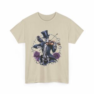 Halloween Macabre Moonlight Sonata Skeleton playing Violin Crow Rose Design Unisex Heavy Cotton Tee