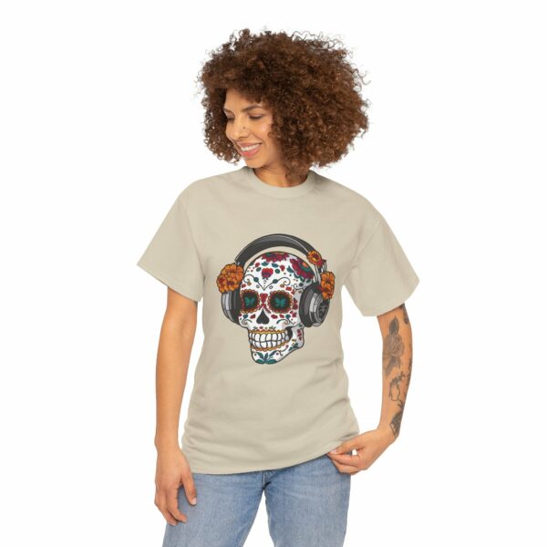Sugar Skull with Headpones - La Sacra Musica - Dia Dos Muertos Mardi Gras Halloween Decorated Skeleton Unisex Heavy Cotton Tee - Image 11