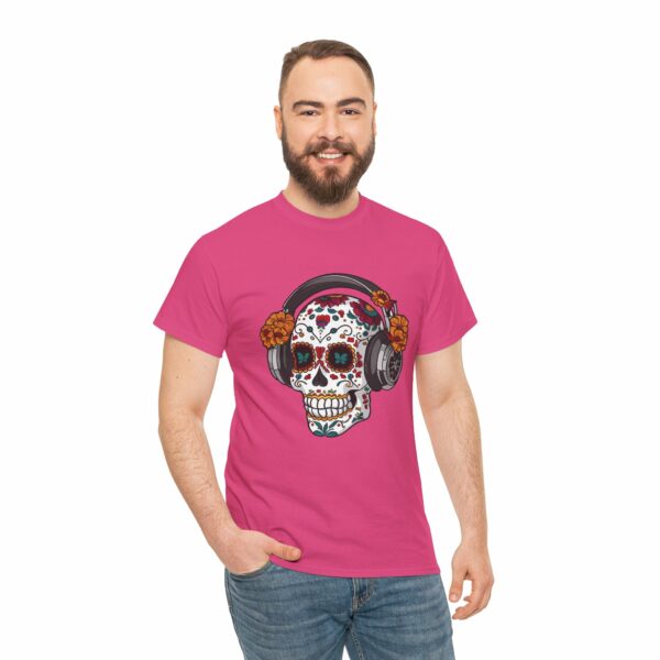 Sugar Skull with Headpones - La Sacra Musica - Dia Dos Muertos Mardi Gras Halloween Decorated Skeleton Unisex Heavy Cotton Tee - Image 3