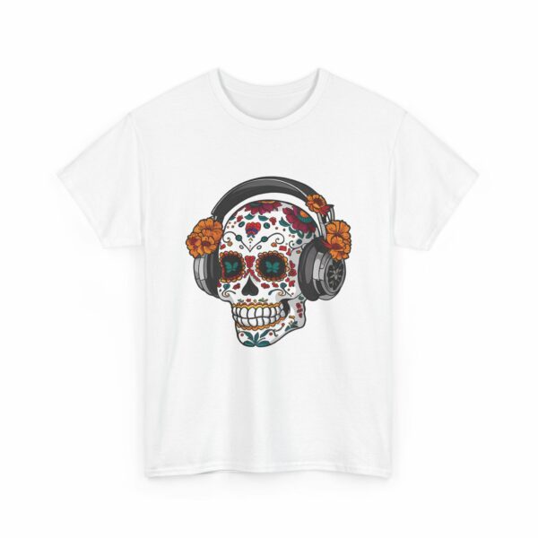 Sugar Skull with Headpones - La Sacra Musica - Dia Dos Muertos Mardi Gras Halloween Decorated Skeleton Unisex Heavy Cotton Tee - Image 4