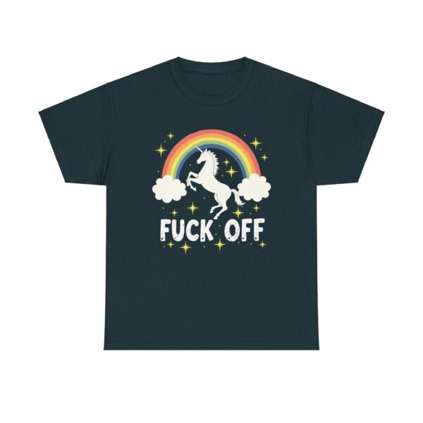 Funny Unicorn Over Rainbow with Bold Fuck off Phrase Design Unisex Heavy Cotton Tee - Image 9