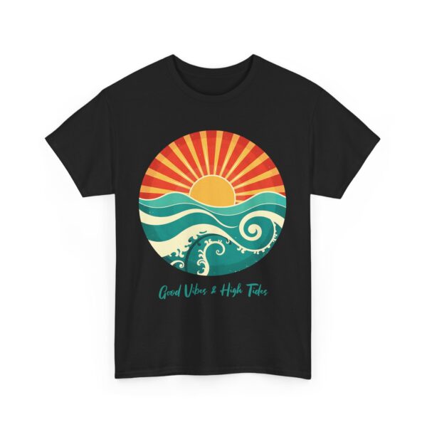 Good Vibes and High Tides Vintage Sun and Ocean Design Unisex Heavy Cotton Tee - Image 2