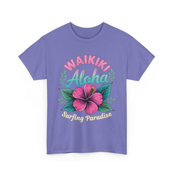 Waikiki Aloha Surfing Paradise Retro Design with Pink Hibiscus Unisex Heavy Cotton Tee - Image 10