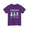 Cute Robot Army Trio: Bold 'SURRENDER' on Retro-Futuristic Black Unisex Heavy Cotton Tee - Image 11