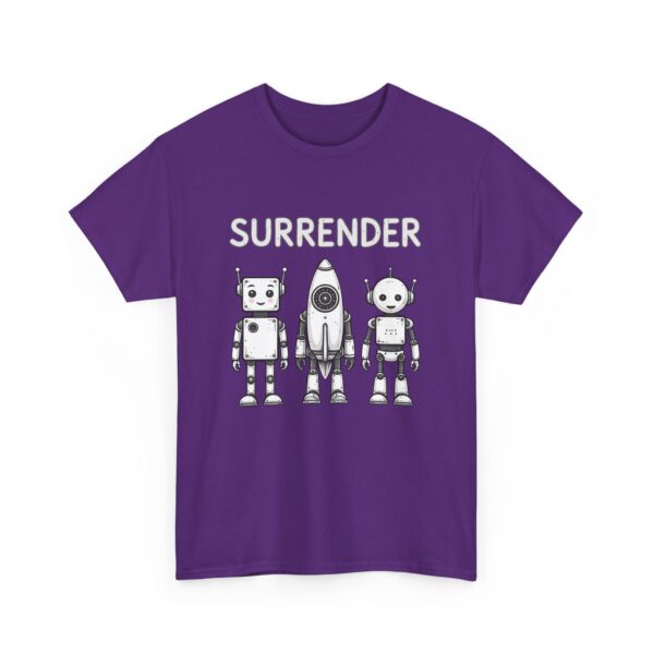 Cute Robot Army Trio: Bold 'SURRENDER' on Retro-Futuristic Black Unisex Heavy Cotton Tee - Image 11