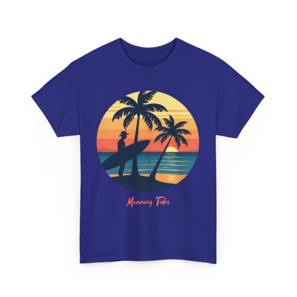 Morning Tides Tropical Beach Striped Sunset Surfer Silhouette Surf Art Unisex Heavy Cotton Tee - Image 7