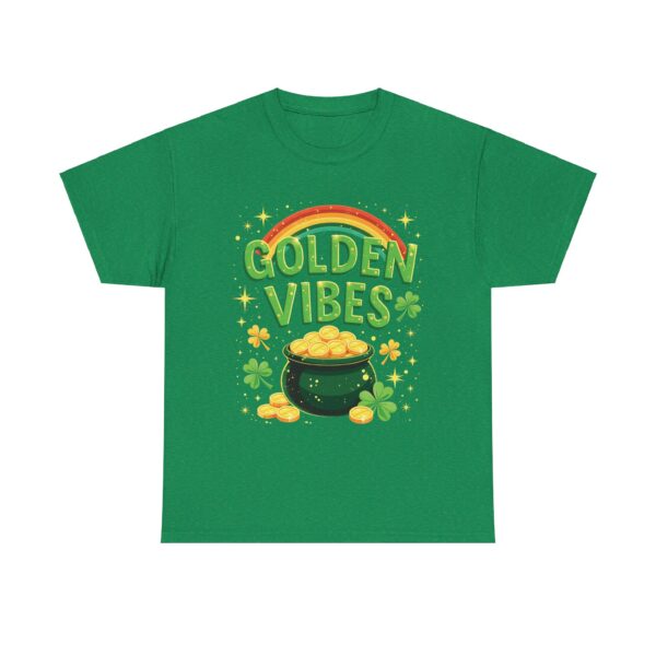 Golden Vibes Rainbow Pot of Gold and Clovers Traditional Irish Wishing Well Design Unisex Heavy Cotton Tee - Image 7