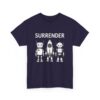 Cute Robot Army Trio: Bold 'SURRENDER' on Retro-Futuristic Black Unisex Heavy Cotton Tee - Image 9