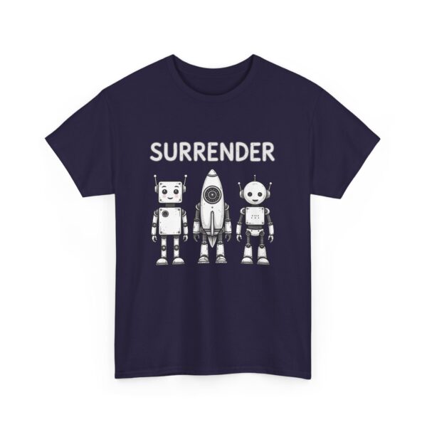 Cute Robot Army Trio: Bold 'SURRENDER' on Retro-Futuristic Black Unisex Heavy Cotton Tee - Image 9