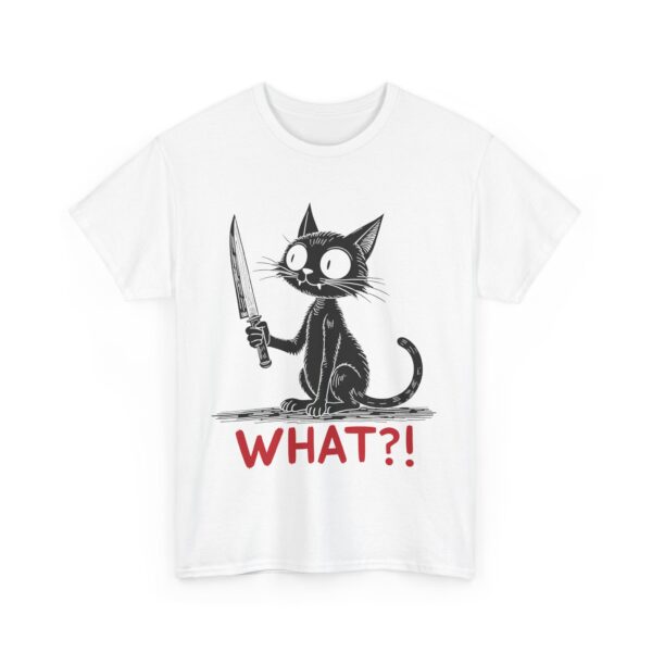 Mischievous Black Cat with Knife Halloween Humor Dark Funny Design Unisex Heavy Cotton Tee - Image 2