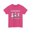 Cute Robot Army Trio: Bold 'SURRENDER' on Retro-Futuristic Black Unisex Heavy Cotton Tee - Image 12
