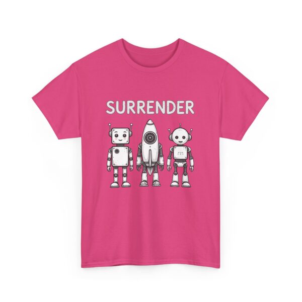 Cute Robot Army Trio: Bold 'SURRENDER' on Retro-Futuristic Black Unisex Heavy Cotton Tee - Image 12