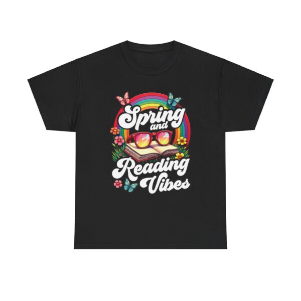 Spring Reading Vibes - Colorful Rainbow Book and Sunglasses, Flowers & Butterflies Unisex Heavy Cotton Tee - Image 2