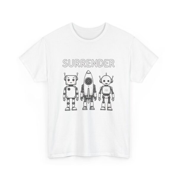 Cute Robot Army Trio: Bold 'SURRENDER' on Retro-Futuristic Black Unisex Heavy Cotton Tee - Image 3
