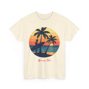 Morning Tides Tropical Beach Striped Sunset Surfer Silhouette Surf Art Unisex Heavy Cotton Tee