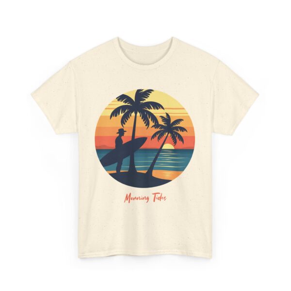 Morning Tides Tropical Beach Striped Sunset Surfer Silhouette Surf Art Unisex Heavy Cotton Tee - Image 5