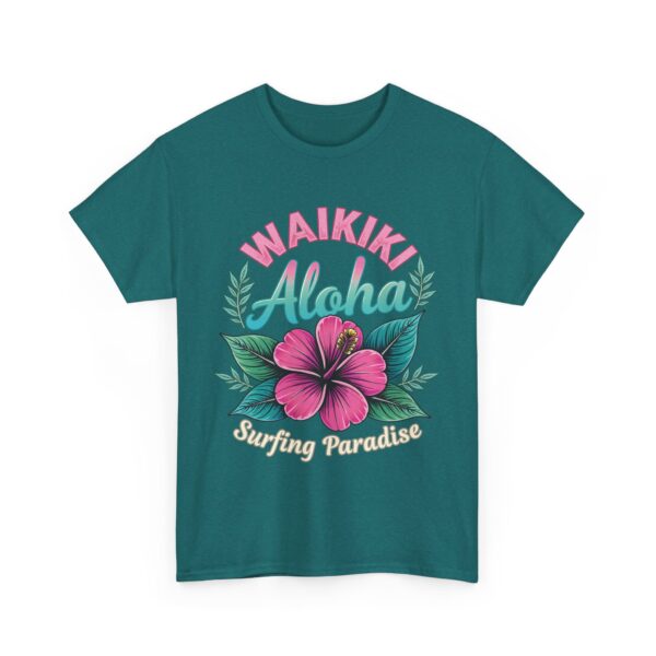 Waikiki Aloha Surfing Paradise Retro Design with Pink Hibiscus Unisex Heavy Cotton Tee - Image 9