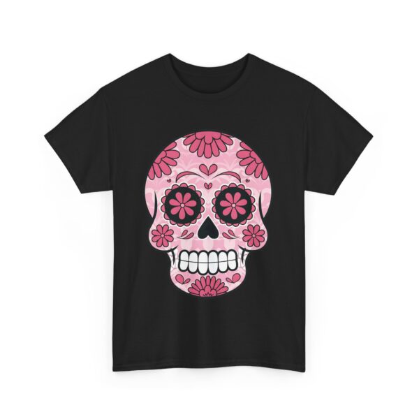 Stylish Magenta Pink Sugar Skull Design - Dia de los Muertos Art Unisex Heavy Cotton Tee - Image 2