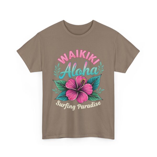 Waikiki Aloha Surfing Paradise Retro Design with Pink Hibiscus Unisex Heavy Cotton Tee - Image 6