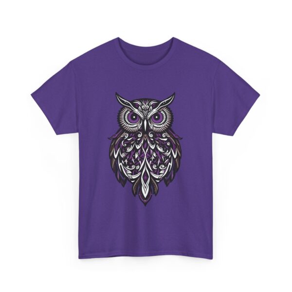 Goth Stylized Owl Design | Black & Purple | Elegant Nocturnal Art Unisex Heavy Cotton Tee - Image 6