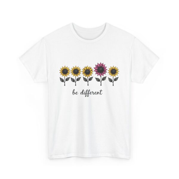 Be Different Line Art Sunflower Design Vintage Style Yellow Magenta Unisex Heavy Cotton Tee - Image 2