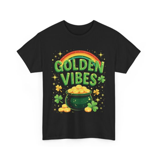Golden Vibes Rainbow Pot of Gold and Clovers Traditional Irish Wishing Well Design Unisex Heavy Cotton Tee - Image 3
