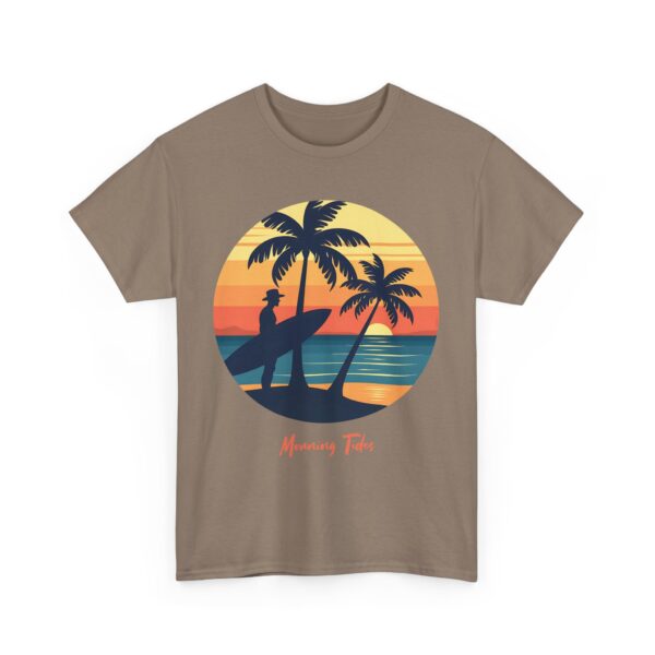Morning Tides Tropical Beach Striped Sunset Surfer Silhouette Surf Art Unisex Heavy Cotton Tee - Image 4