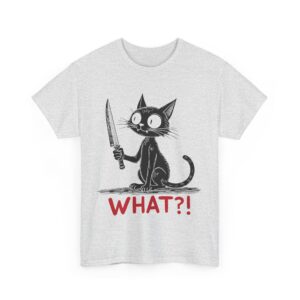 Mischievous Black Cat with Knife Halloween Humor Dark Funny Design Unisex Heavy Cotton Tee