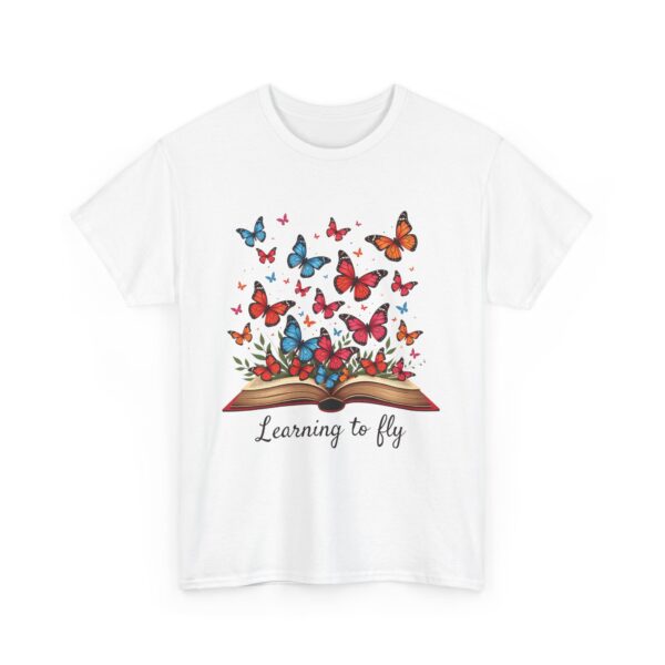 Learning to Fly: Artistic Book Illustration with Vibrant Butterflies and Creative Elegance Unisex Heavy Cotton Tee - Image 2