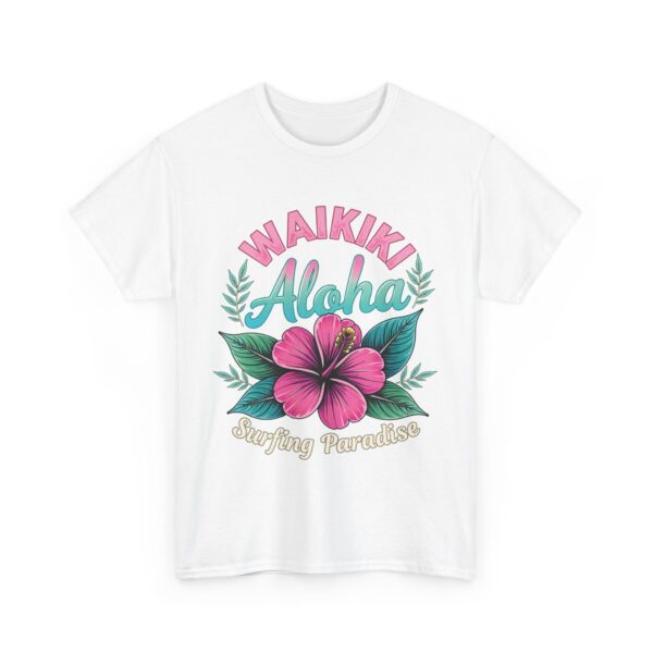 Waikiki Aloha Surfing Paradise Retro Design with Pink Hibiscus Unisex Heavy Cotton Tee - Image 5