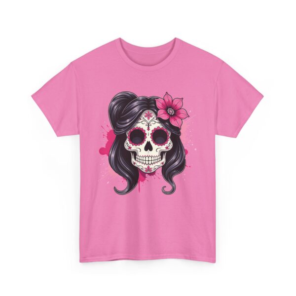 Stylish Magenta Sacra Muerte Sugar Skull Design - Dia de los Muertos Art Unisex Heavy Cotton Tee - Image 10