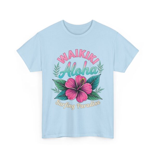 Waikiki Aloha Surfing Paradise Retro Design with Pink Hibiscus Unisex Heavy Cotton Tee - Image 4
