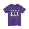 Cute Robot Army Trio: Bold 'SURRENDER' on Retro-Futuristic Black Unisex Heavy Cotton Tee - Image 10