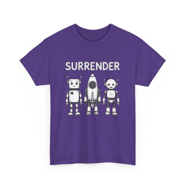 Cute Robot Army Trio: Bold 'SURRENDER' on Retro-Futuristic Black Unisex Heavy Cotton Tee - Image 10