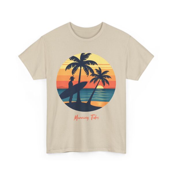 Morning Tides Tropical Beach Striped Sunset Surfer Silhouette Surf Art Unisex Heavy Cotton Tee - Image 2