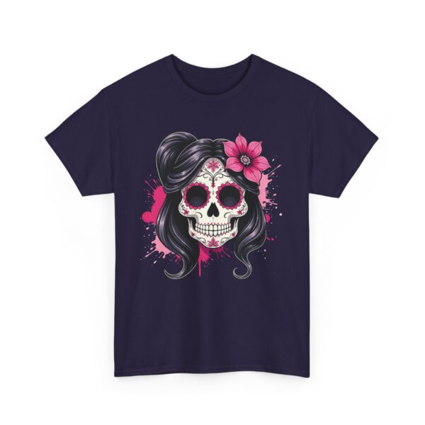 Stylish Magenta Sacra Muerte Sugar Skull Design - Dia de los Muertos Art Unisex Heavy Cotton Tee - Image 7