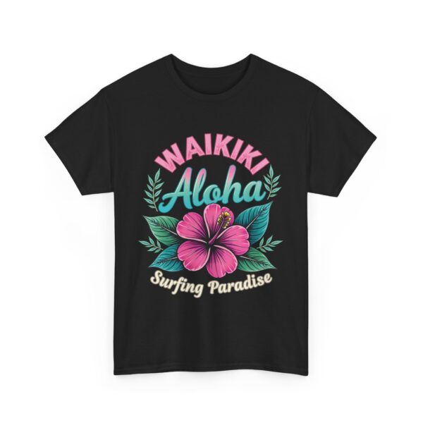 Waikiki Aloha Surfing Paradise Retro Design with Pink Hibiscus Unisex Heavy Cotton Tee - Image 2