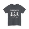 Cute Robot Army Trio: Bold 'SURRENDER' on Retro-Futuristic Black Unisex Heavy Cotton Tee - Image 7