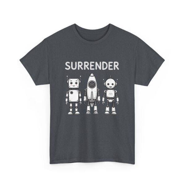 Cute Robot Army Trio: Bold 'SURRENDER' on Retro-Futuristic Black Unisex Heavy Cotton Tee - Image 7