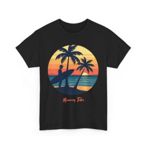 Morning Tides Tropical Beach Striped Sunset Surfer Silhouette Surf Art Unisex Heavy Cotton Tee