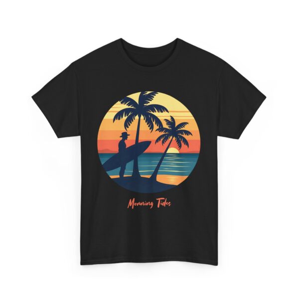 Morning Tides Tropical Beach Striped Sunset Surfer Silhouette Surf Art Unisex Heavy Cotton Tee